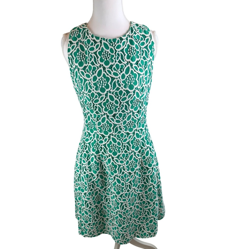 Eva Mendes New York & Company Green White Floral Lace Fit and Flare Dress 6 - Picture 2 of 9